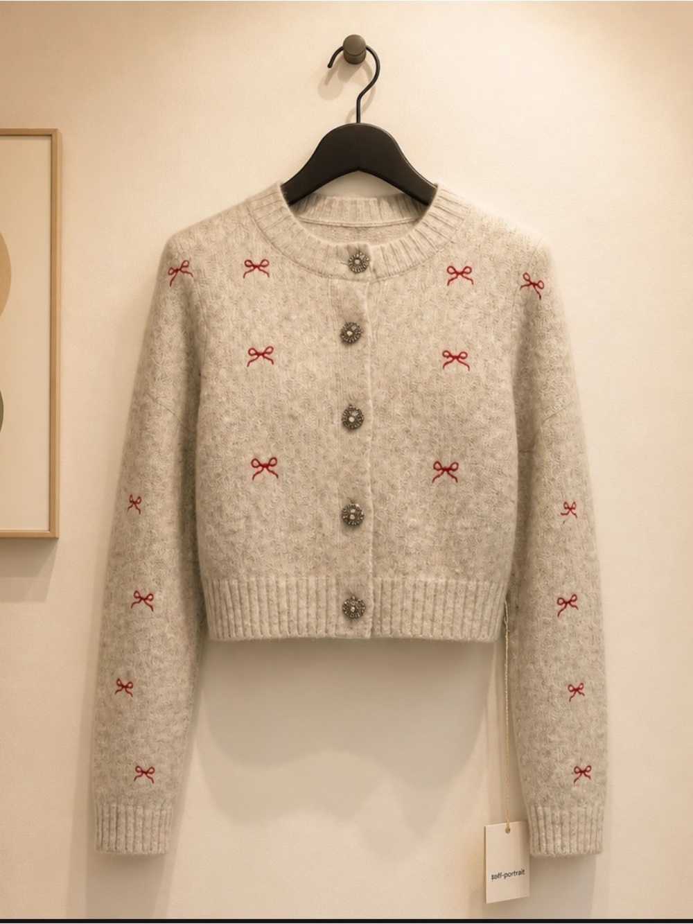 Jessica Simpson Cream Cropped Cardigan with Red Bow Accents